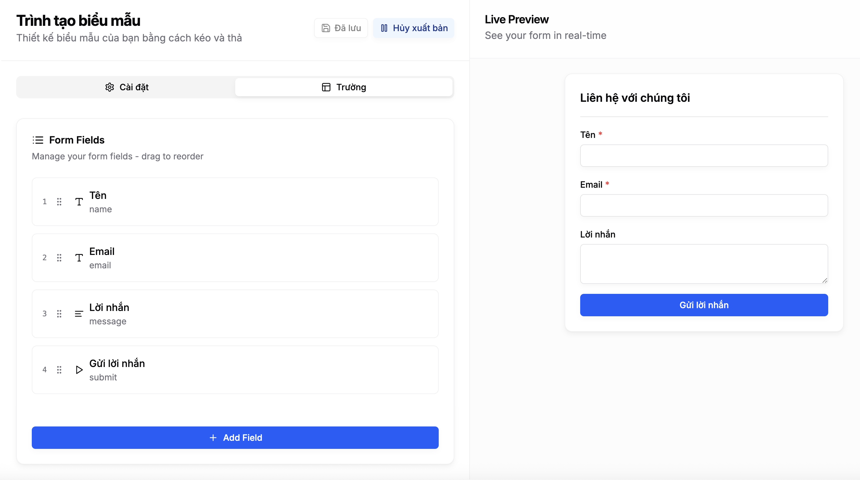 Giao diện Tạo Biểu mẫu